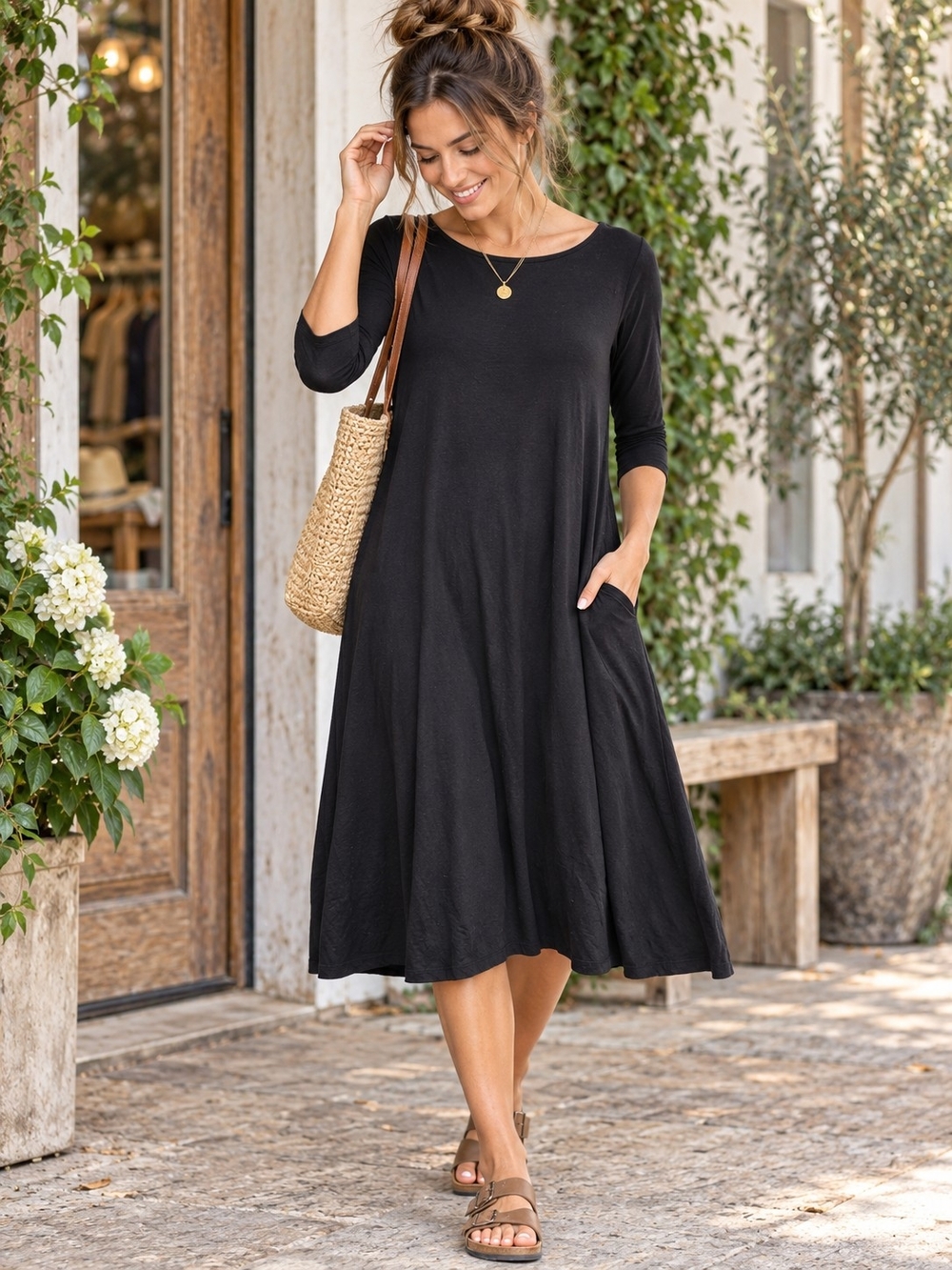Zenana Outfitters Black A-Line Midi Dress with Pockets